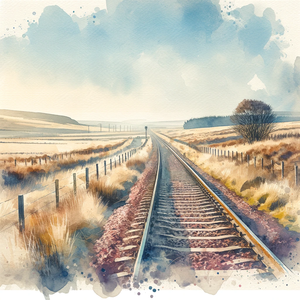 Watercolour style of a rural train line